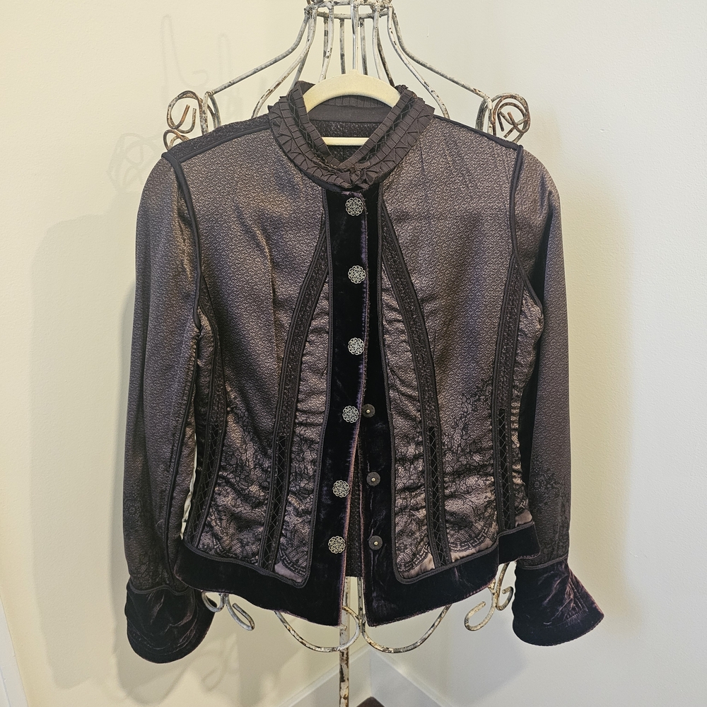 Elie Tahari Reversible Plum Jacquard Jacket with Velvet Trim